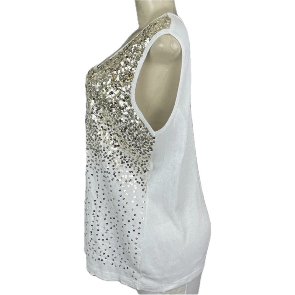 Roaman's 22/24 White Ribbed Gold & Silver Sequin Front Scoop Neckline Tank Top - Picture 5 of 7